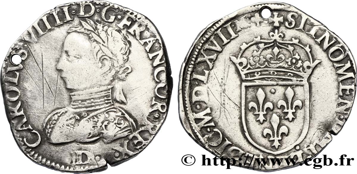 CHARLES IX Teston, 6e type 1567 Lyon TTB/TB+