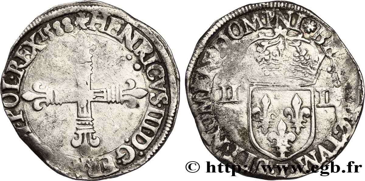 HENRI III Quart d écu, croix de face 1588 Nantes TB+