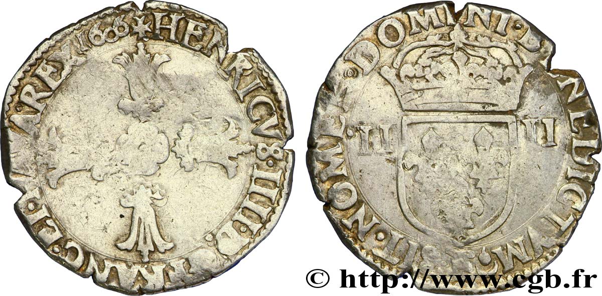 HENRI IV LE GRAND Quart d&nbsp;écu, croix feuillue de face 1606 Angers B+/TB