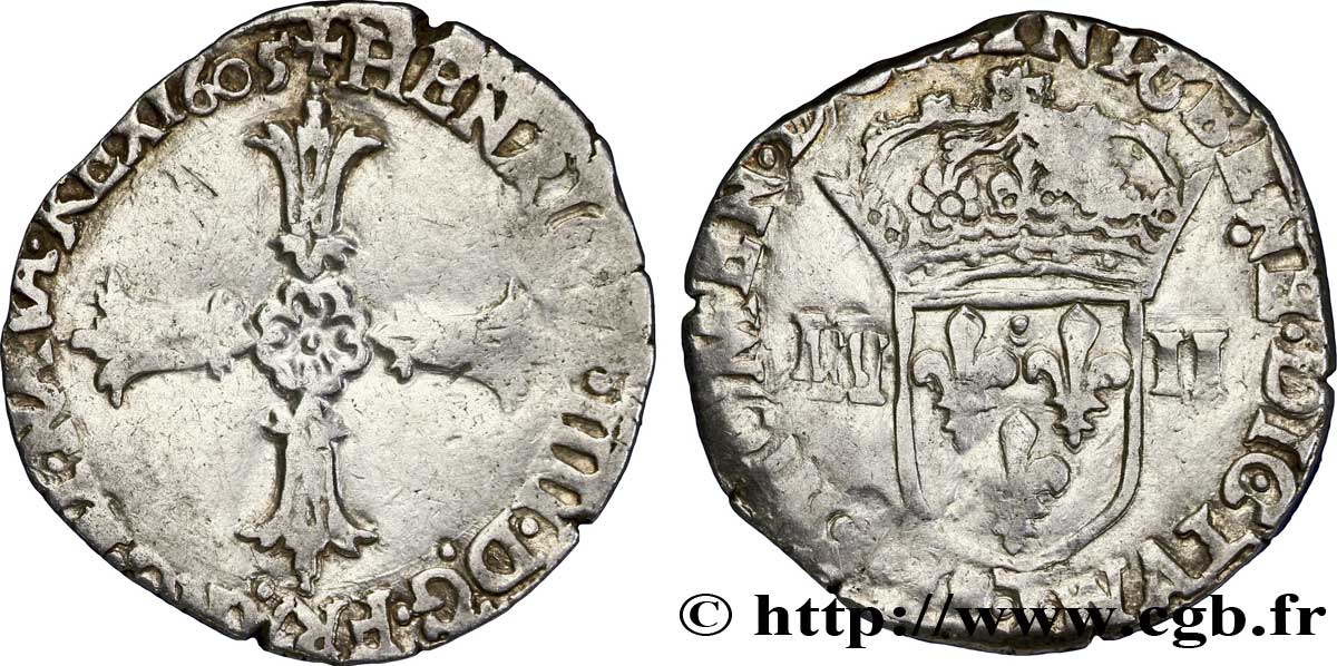 HENRY IV Quart d&nbsp;écu, croix feuillue de face 1605 Nantes q.BB
