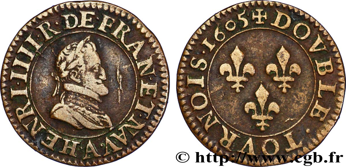 HENRI IV LE GRAND Double tournois, 1er type de Paris (légende française) 1605 Paris, Moulin des Étuves TTB+