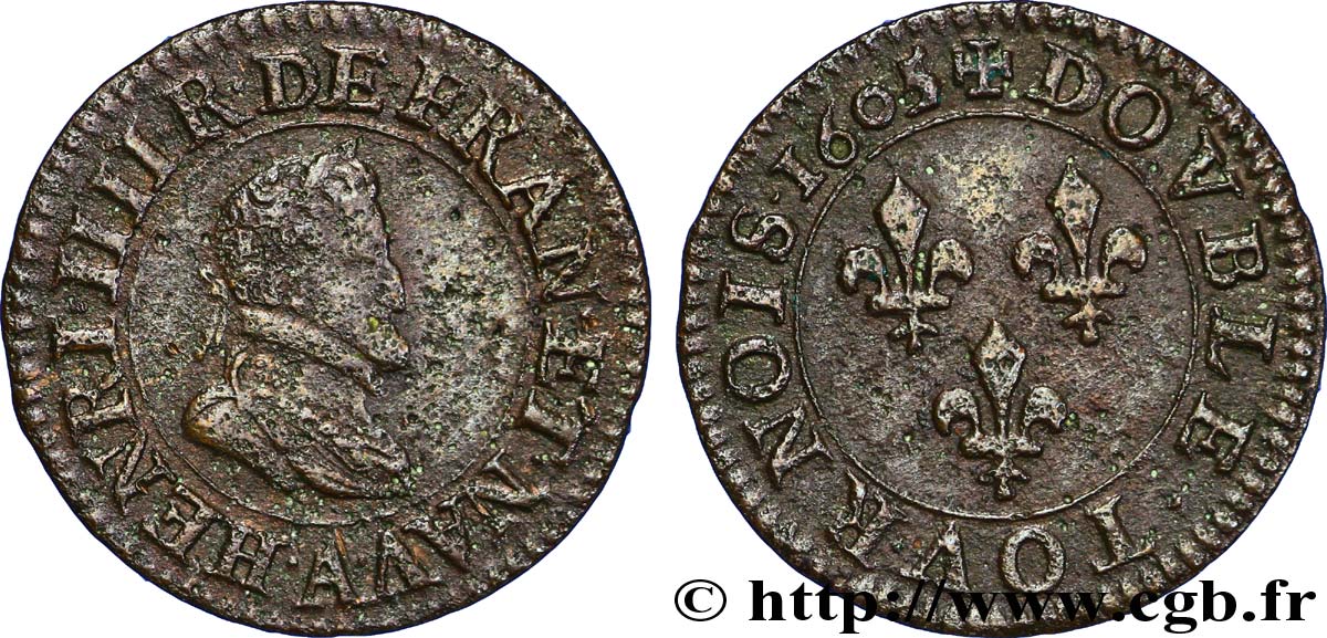 HENRI IV LE GRAND Double tournois, 1er type de Paris (légende française) 1605 Paris, Moulin des Étuves TB+/TTB