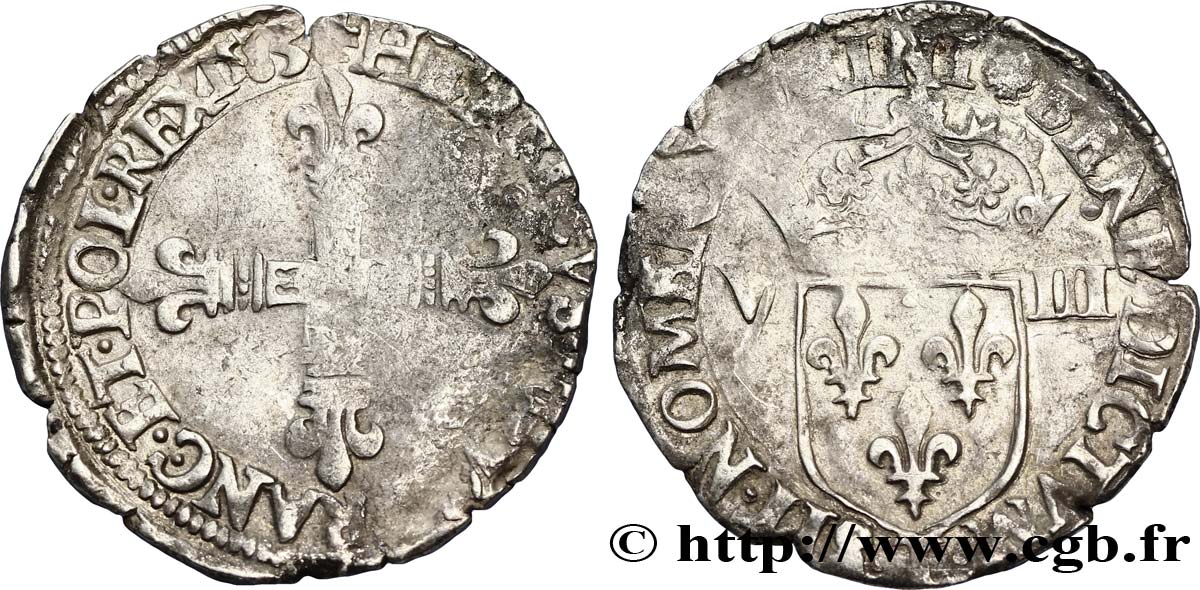 HENRI III Huitième d écu, croix de face 1583 Nantes TB+