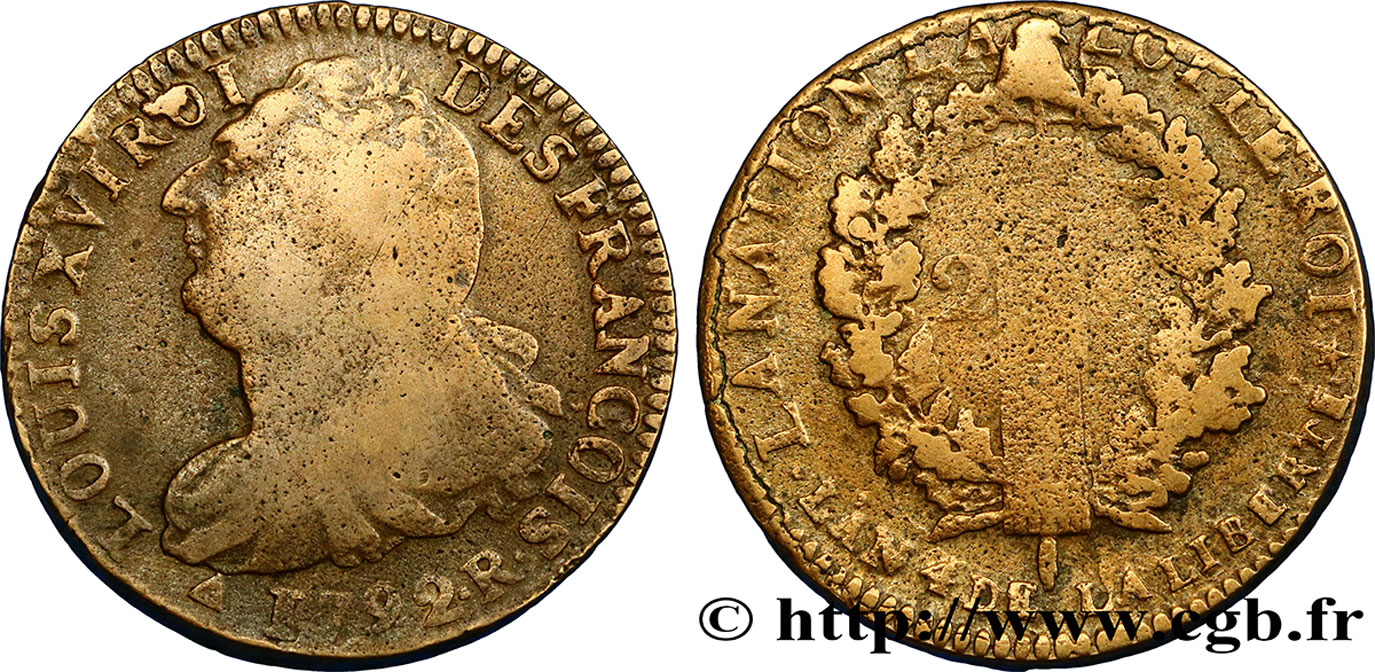 LOUIS XVI 2 sols dit  au faisceau , type FRANÇOIS 1792 Orléans VF/F
