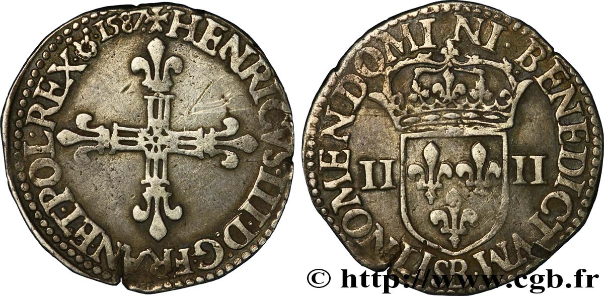 HENRI III Quart d&nbsp;écu, croix de face 1587 Rouen TTB