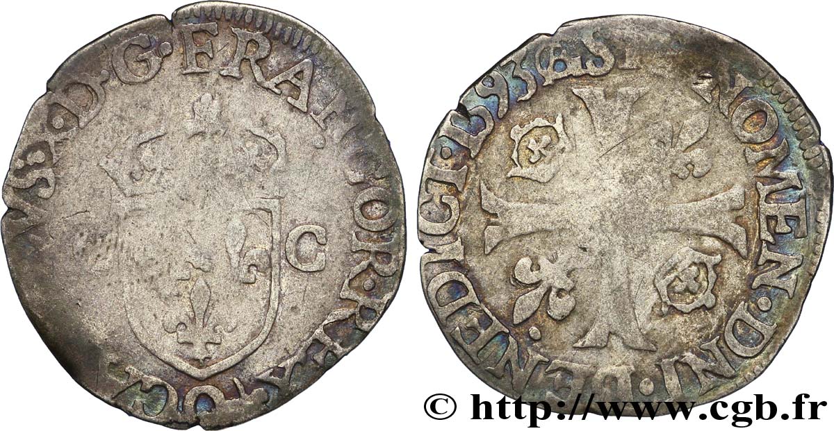 CHARLES X, CARDINAL DE BOURBON Douzain aux deux C, 2e type 1593 Riom TB