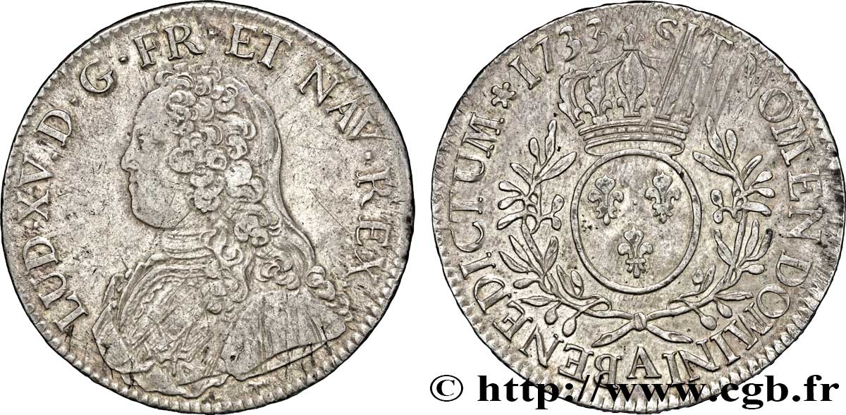 LOUIS XV DIT LE BIEN AIMÉ Écu aux branches d&nbsp;olivier, buste habillé 1733 Paris TTB/TTB+