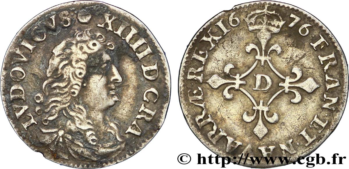 LOUIS XIV LE GRAND OU LE ROI SOLEIL Quatre sols à la croix formée de lis 1676 Vimy-en-Lyonnais (actuellement Neuville-sur-Saône) TTB