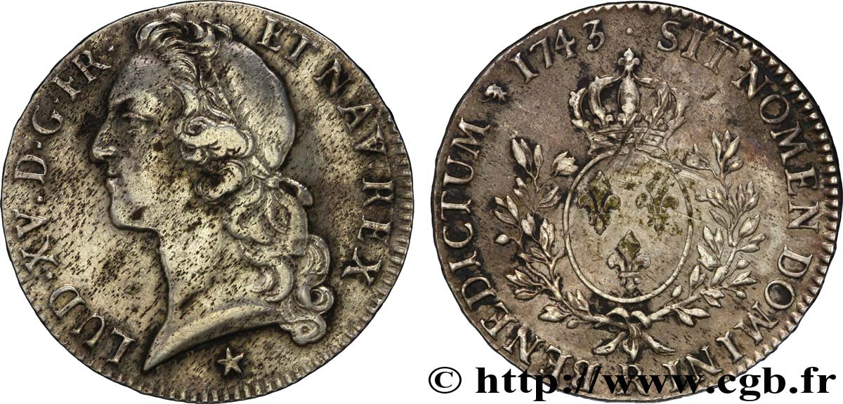 LOUIS XV DIT LE BIEN AIMÉ Écu aux branches d’olivier, tête ceinte d’un bandeau 1743 Orléans TB+/TTB