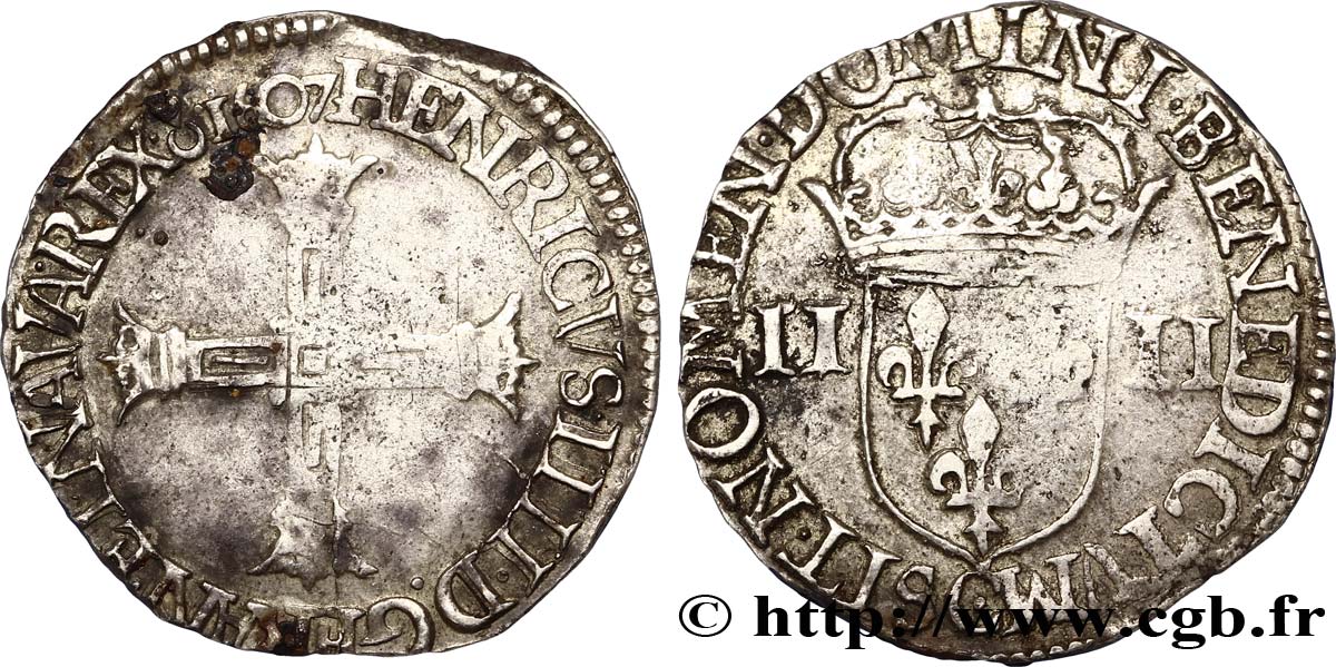 HENRY IV Quart d écu, croix bâtonnée et couronnée de face 1607 Saint-Lô fSS/SS