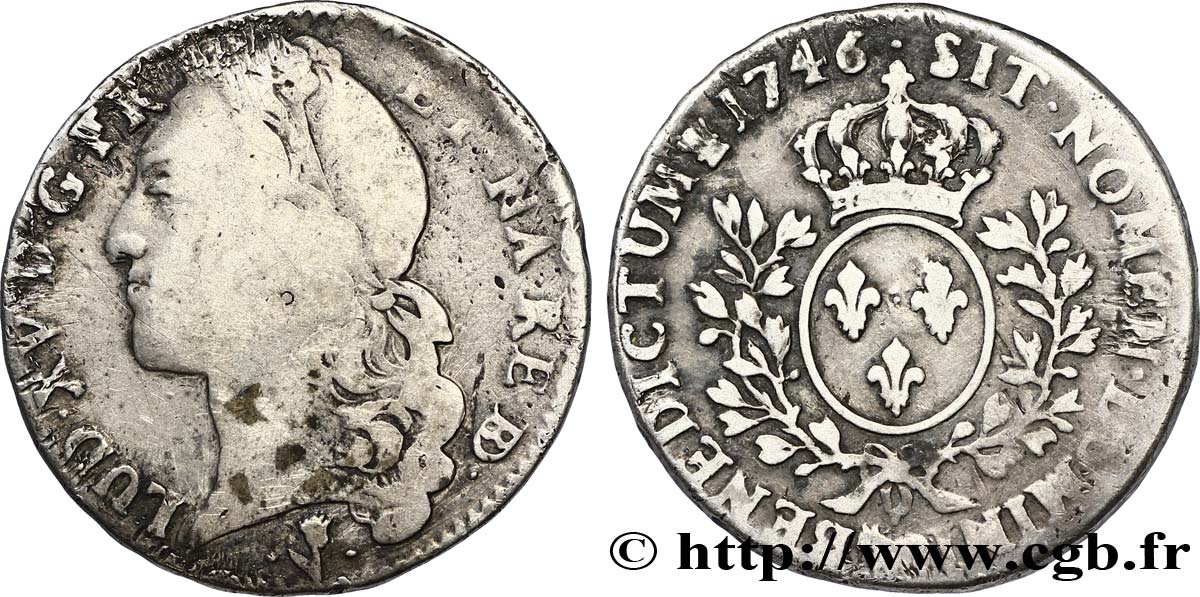 LOUIS XV DIT LE BIEN AIMÉ Demi-écu aux branches d’olivier, tête ceinte d’un bandeau 1746 Pau TB