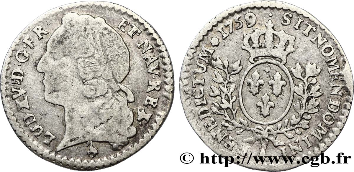 LOUIS XV DIT LE BIEN AIMÉ Vingtième d&nbsp;écu aux branches d’olivier, tête ceinte d’un bandeau 1759 Paris TB+