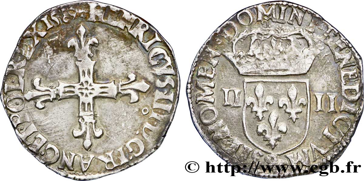 HENRI III Quart d écu, croix de face 1589 Rennes TB+/TTB