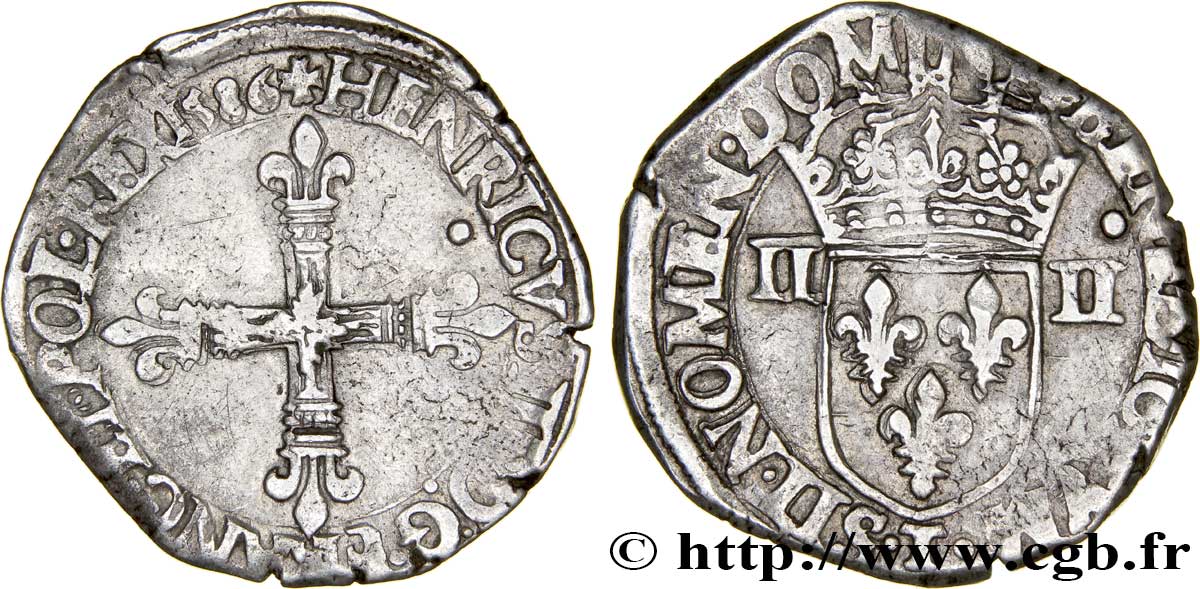 HENRY III Quart d écu, croix de face 1586 Nantes BC+