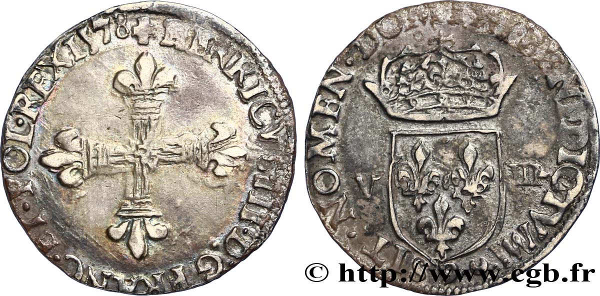 HENRI III Huitième d&nbsp;écu, croix de face 1578 Rennes TTB