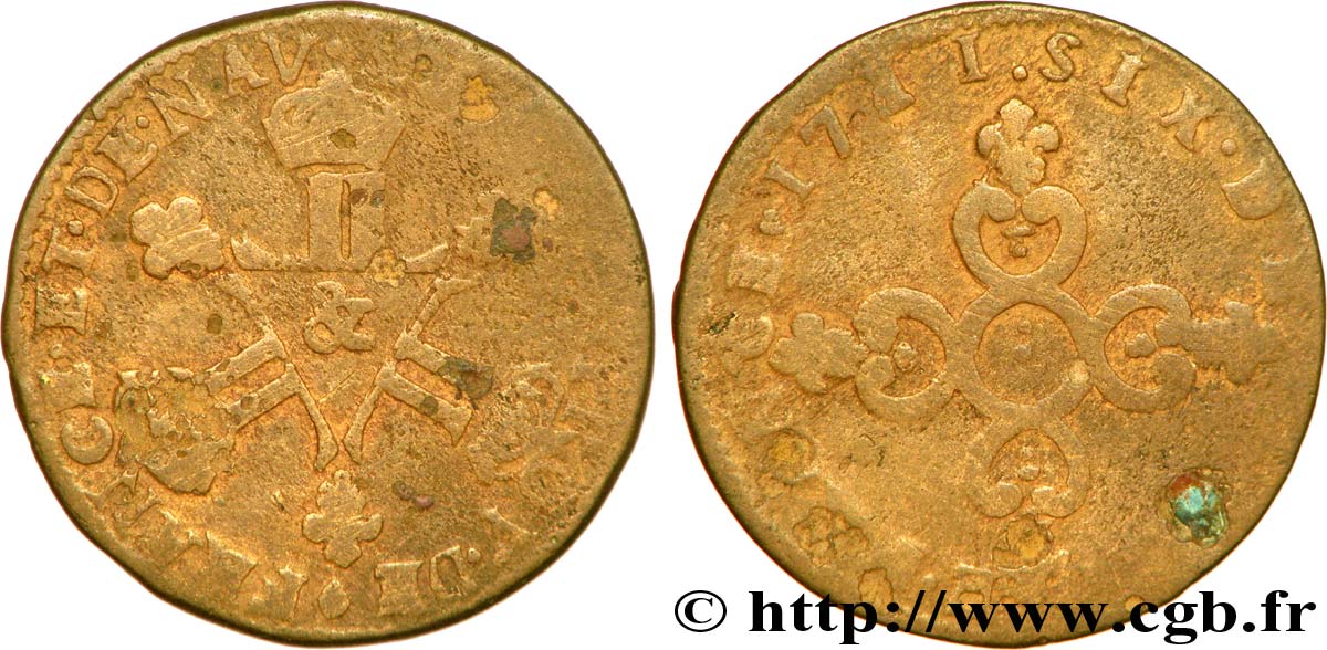 LOUIS XIV LE GRAND OU LE ROI SOLEIL Six deniers dits  Dardenne  1711 Aix-en-Provence B