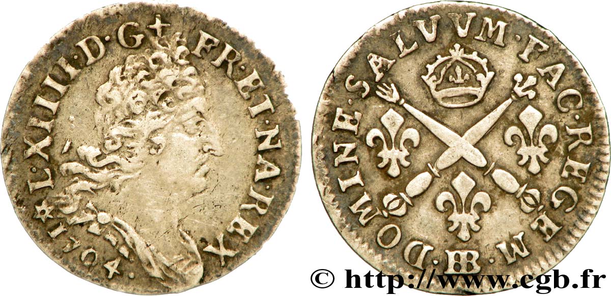 LOUIS XIV LE GRAND OU LE ROI SOLEIL Cinq sols aux insignes 1704 Strasbourg TTB