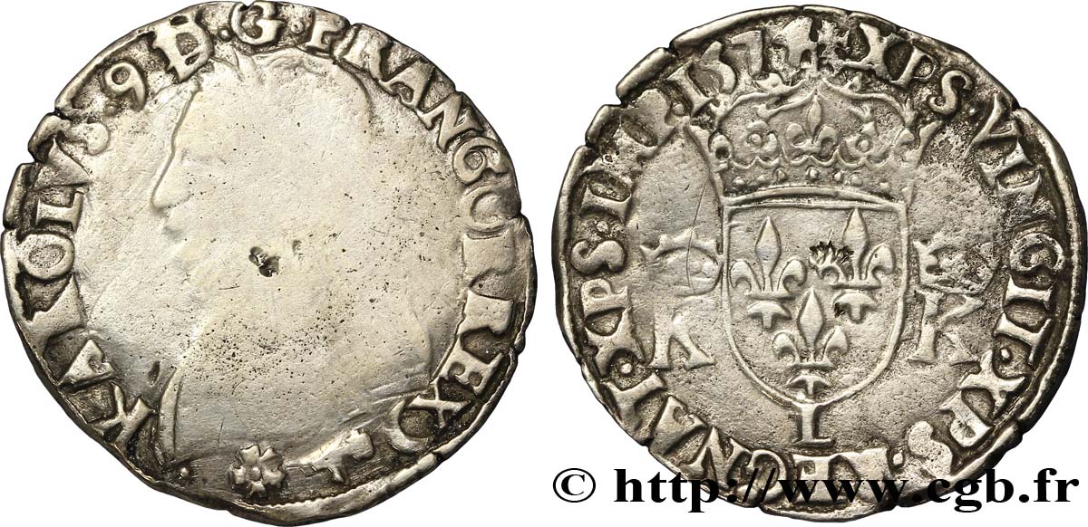CHARLES IX Teston, 4e type 1574 Bayonne VG/VF