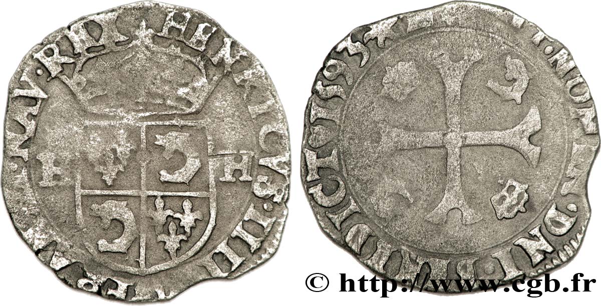 HENRI IV LE GRAND Douzain du Dauphiné aux deux H, 2e type 1593 Grenoble TB+