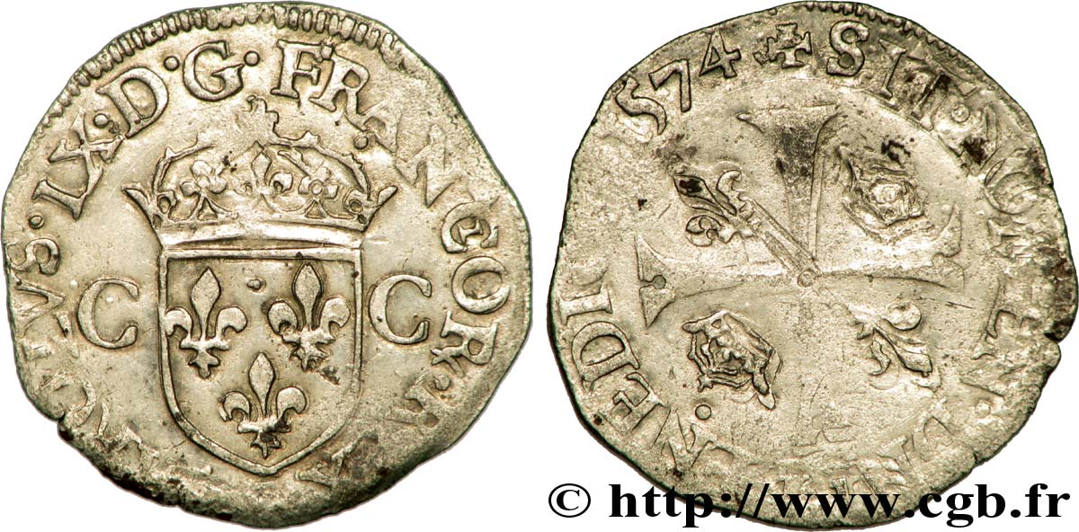 CHARLES IX Douzain aux deux C, 1er type 1574 Troyes TTB/TB