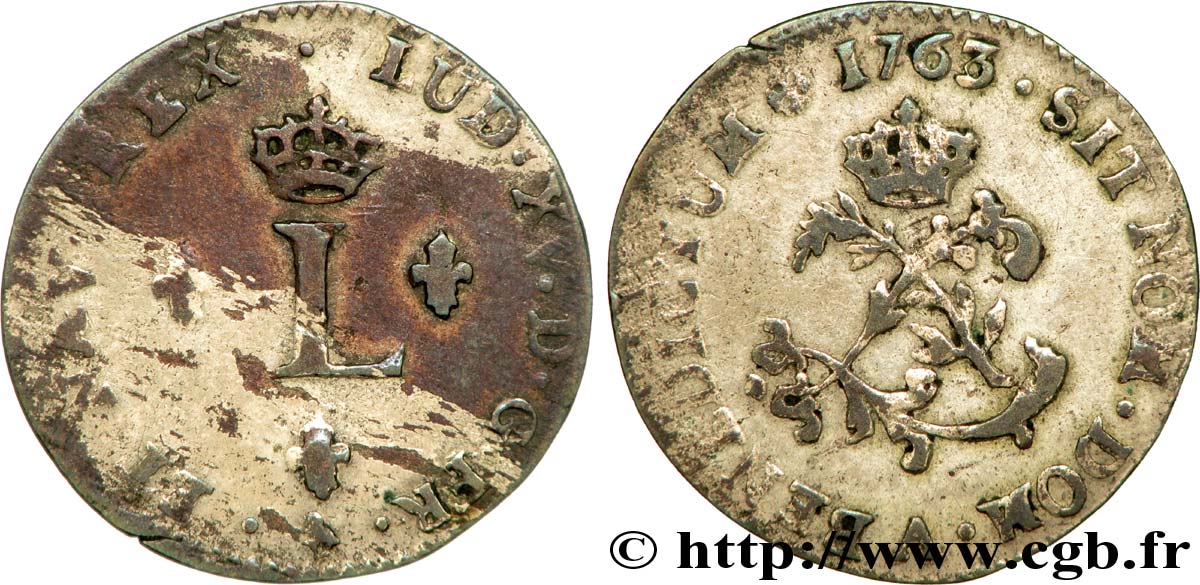 LOUIS XV DIT LE BIEN AIMÉ Double sol de billon 1763 Paris TB+