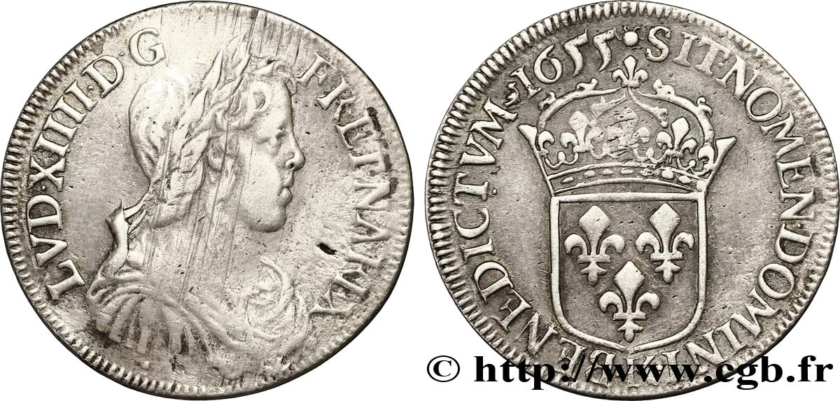 LOUIS XIV  THE SUN KING  Demi-écu, portrait à la mèche longue 1655 Bordeaux fSS