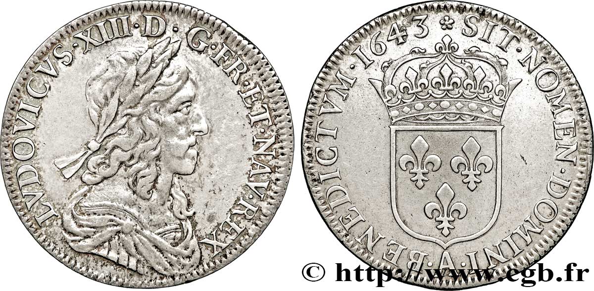 LOUIS XIII LE JUSTE Demi-écu, buste drapé et cuirassé (2e buste de Jean Warin) 1643 Paris, Monnaie de Matignon TTB+