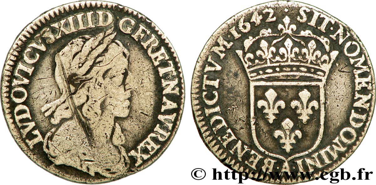 LOUIS XIII LE JUSTE Douzième d écu, buste drapé et cuirassé (2e buste de Jean Warin) 1642 Paris, Monnaie de Matignon B+