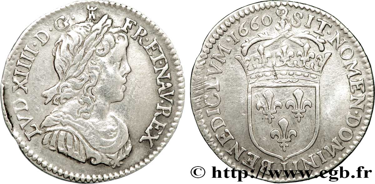 LOUIS XIV  THE SUN KING  Douzième d écu, portrait à la mèche longue 1660 Limoges SS