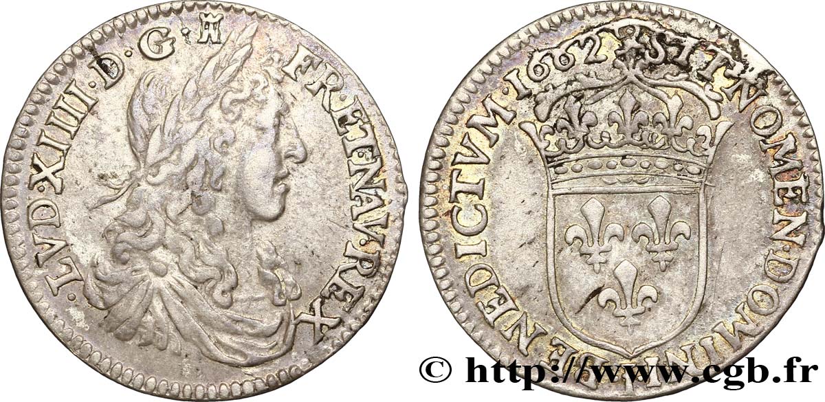 LOUIS XIV  THE SUN KING  Douzième d écu, portrait apollinien 1662 Limoges SS