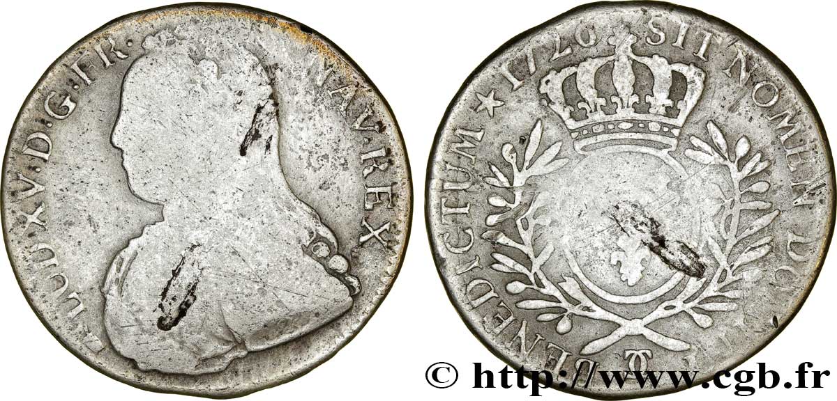 LOUIS XV DIT LE BIEN AIMÉ Demi-écu aux branches d&nbsp;olivier, buste habillé 1726 Besançon B/B+