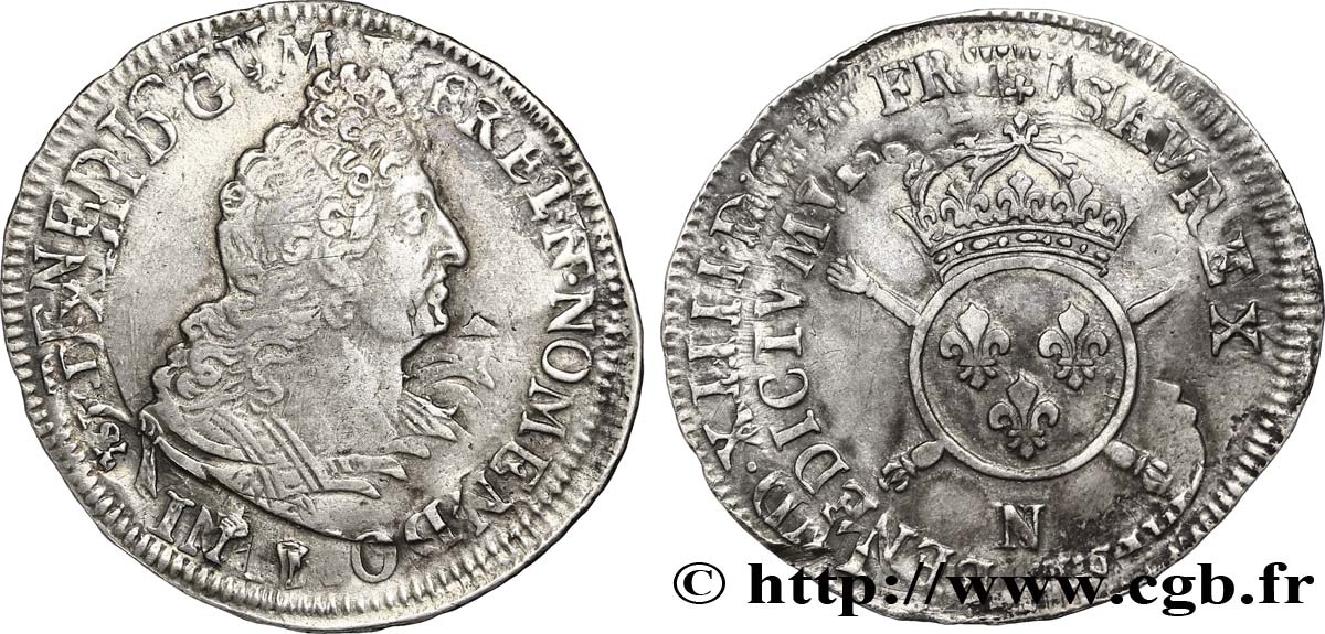 LOUIS XIV  THE SUN KING  Demi-écu aux insignes n.d. Montpellier SS