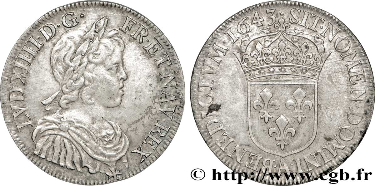 LOUIS XIV LE GRAND OU LE ROI SOLEIL Demi-écu, portrait à la mèche courte 1643 Paris, Monnaie du Louvre TTB+