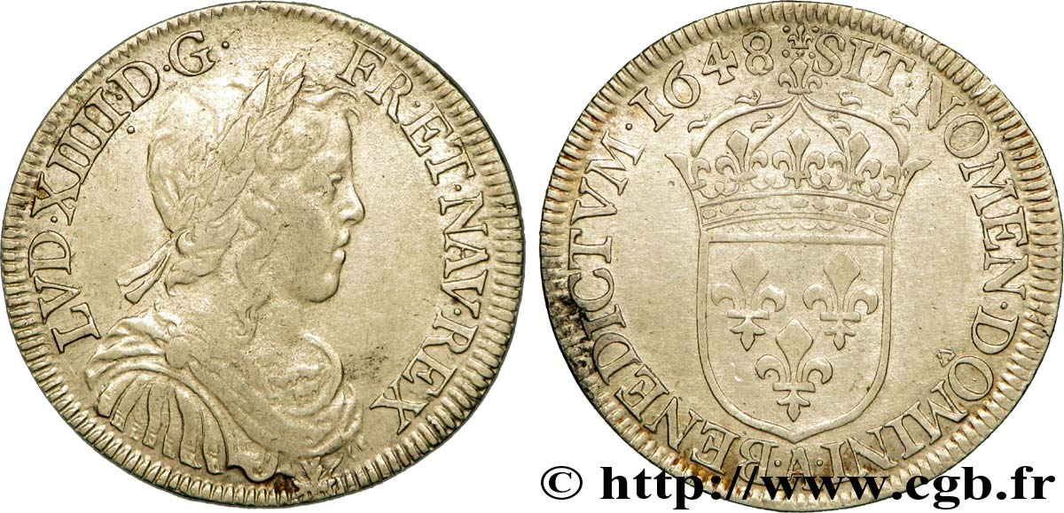LOUIS XIV  THE SUN KING  Demi-écu, portrait à la mèche longue 1648 Paris fSS/SS