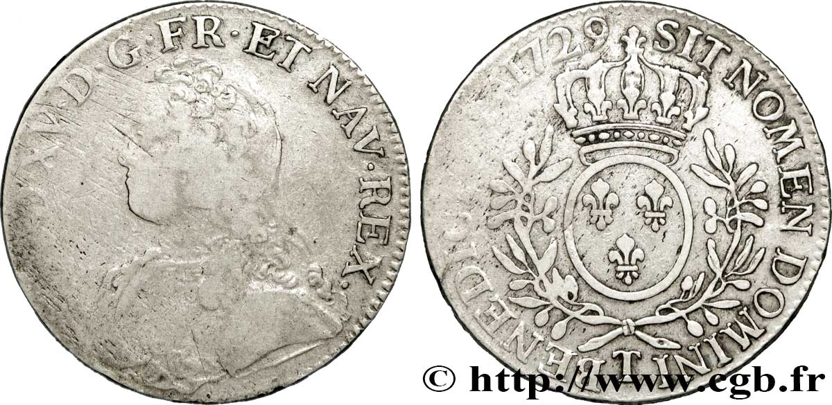 LOUIS XV DIT LE BIEN AIMÉ Écu dit “aux branches d&nbsp;olivier” 1729 Nantes TB