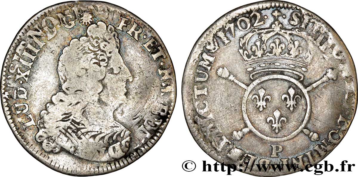 LOUIS XIV LE GRAND OU LE ROI SOLEIL Quart d&nbsp;écu aux insignes 1702 Dijon TB+