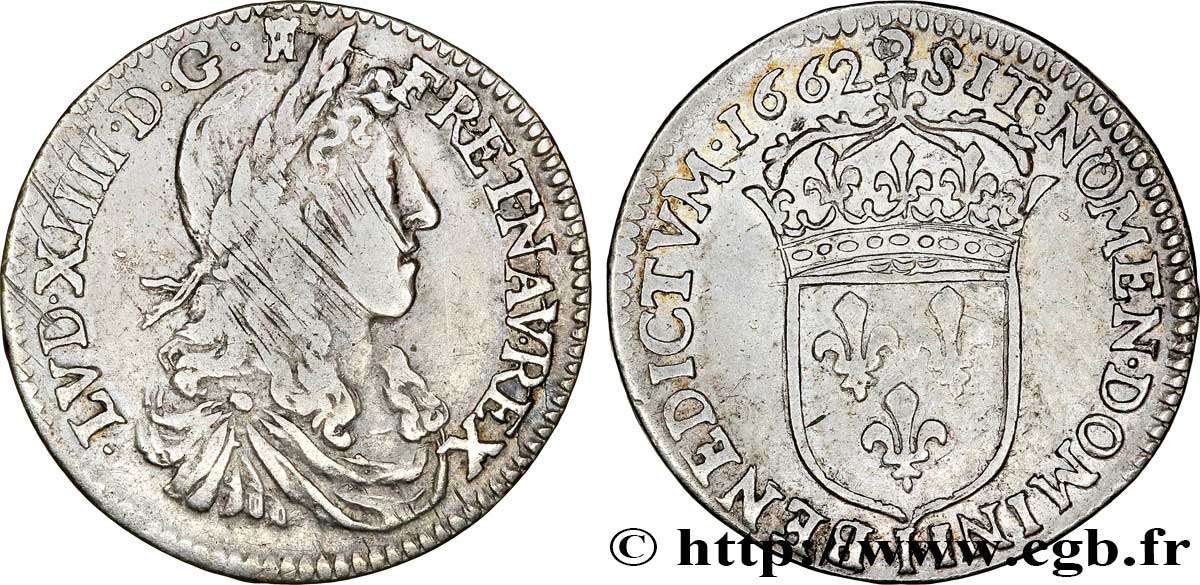 LOUIS XIV LE GRAND OU LE ROI SOLEIL Douzième d&nbsp;écu, portrait apollinien 1662 Limoges TB+
