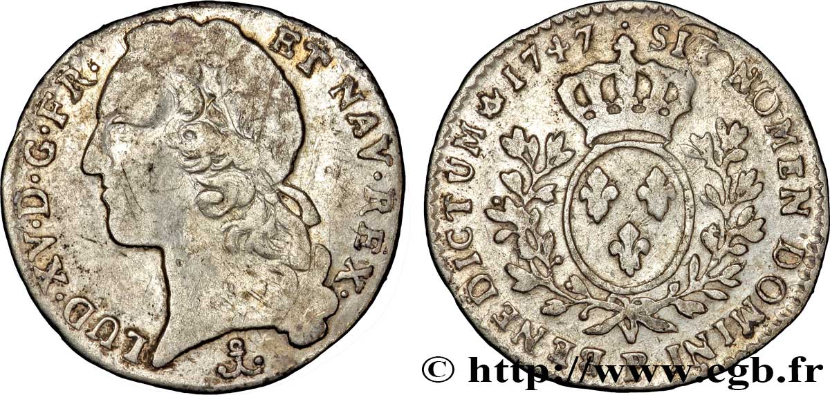 LOUIS XV DIT LE BIEN AIMÉ Dixième d&nbsp;écu aux branches d’olivier, tête ceinte d’un bandeau 1747 Dijon TTB