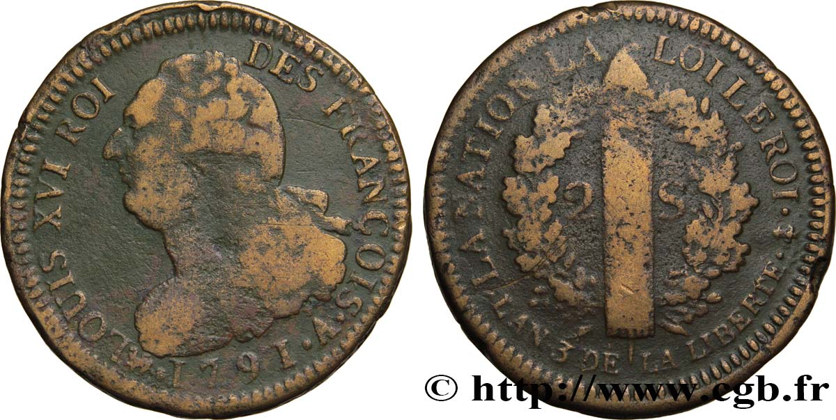 LOUIS XVI (MONARQUE CONSTITUTIONNEL)  2 sols dit &nbsp;au faisceau&nbsp;, type FRANÇOIS 1791 Paris TB