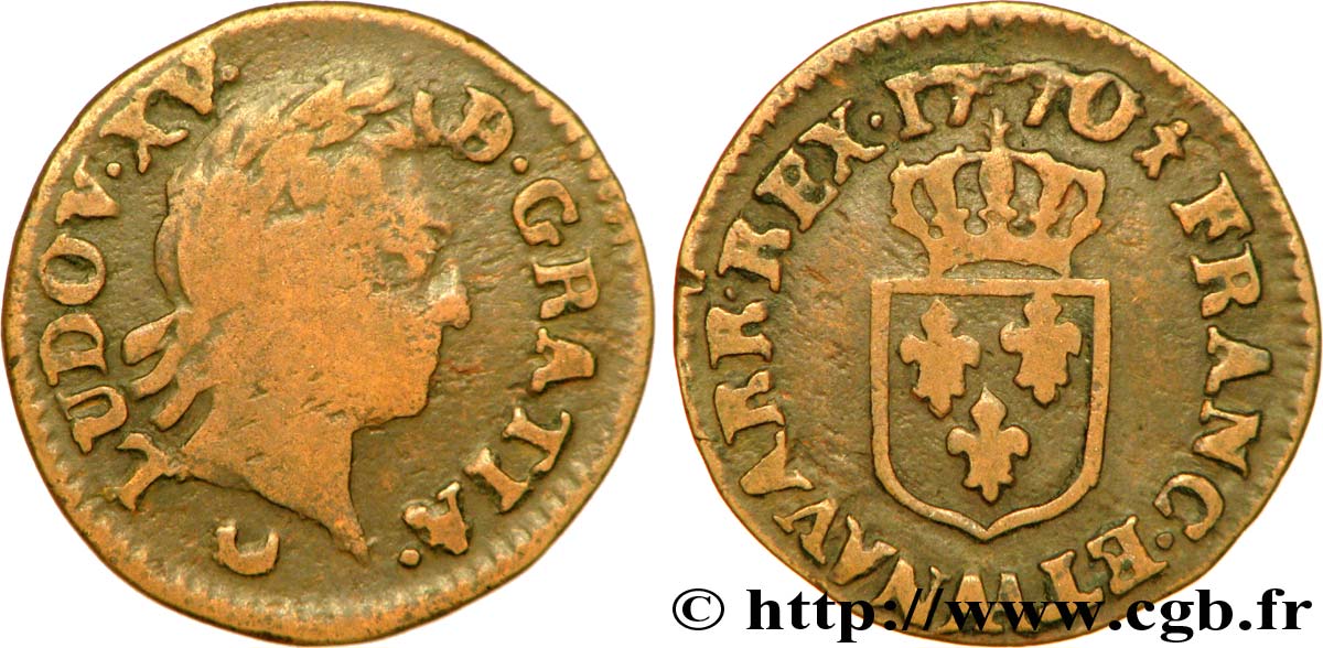 LOUIS XV &nbsp;THE WELL-BELOVED&nbsp; Liard dit &nbsp;à la vieille tête&nbsp; 1770 Metz F