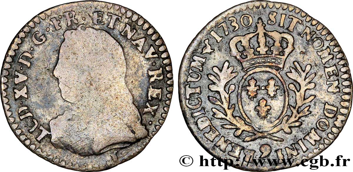 LOUIS XV DIT LE BIEN AIMÉ Vingtième d’écu aux branches d’olivier, buste habillé 1730 Rennes B