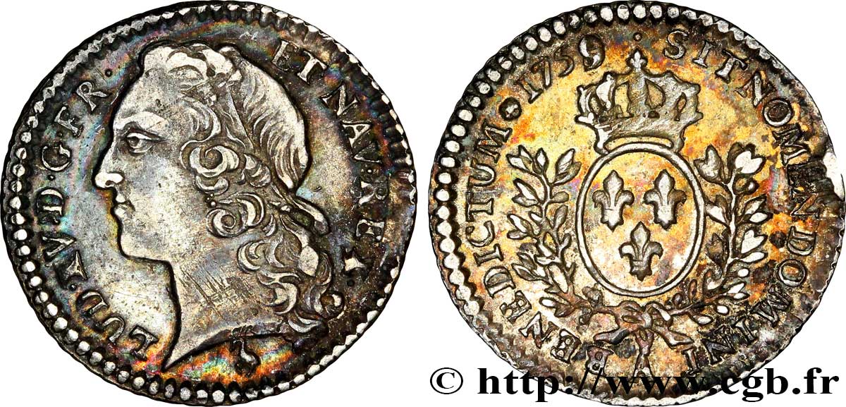 LOUIS XV DIT LE BIEN AIMÉ Vingtième d&nbsp;écu aux branches d’olivier, tête ceinte d’un bandeau 1759 Paris TTB