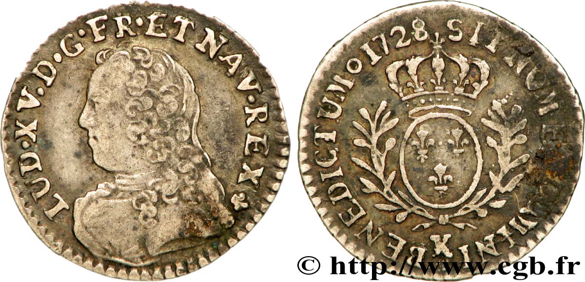 LOUIS XV DIT LE BIEN AIMÉ Vingtième d’écu aux branches d’olivier, buste habillé 1728 Bordeaux TTB