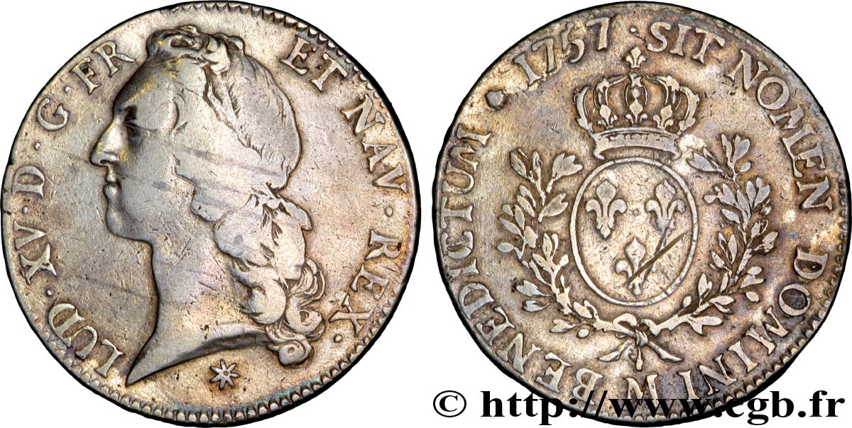 LOUIS XV DIT LE BIEN AIMÉ Écu aux branches d’olivier, tête ceinte d’un bandeau 1757 Toulouse TB