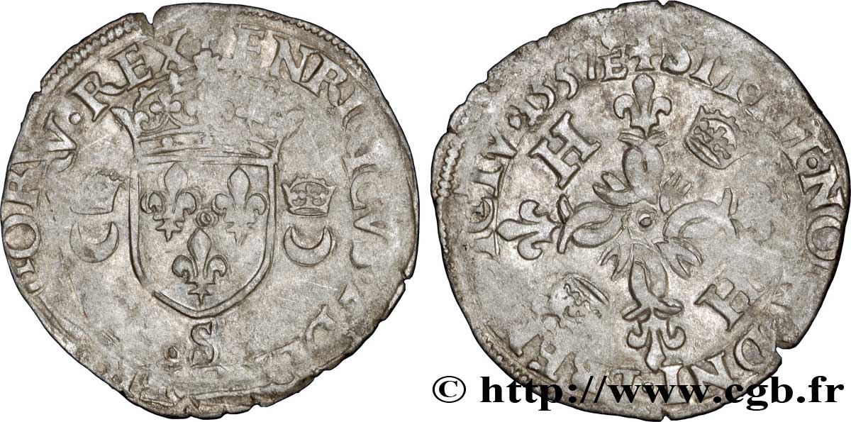 HENRI II Douzain aux croissants 1557 Troyes TB