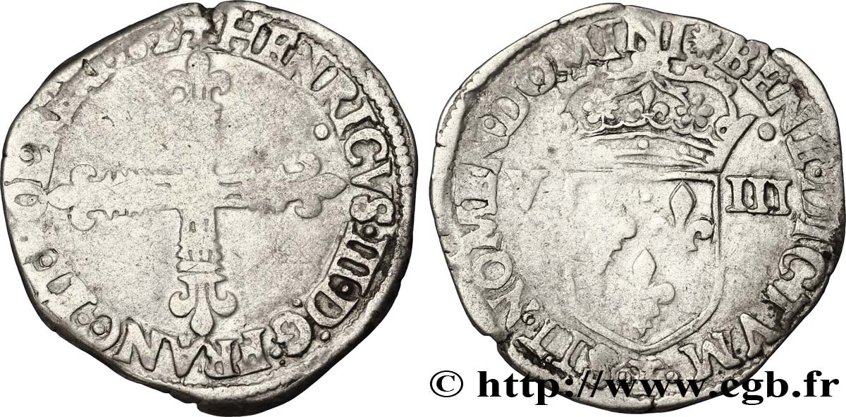 HENRI III Huitième d&nbsp;écu, croix de face 1582 Nantes TB+
