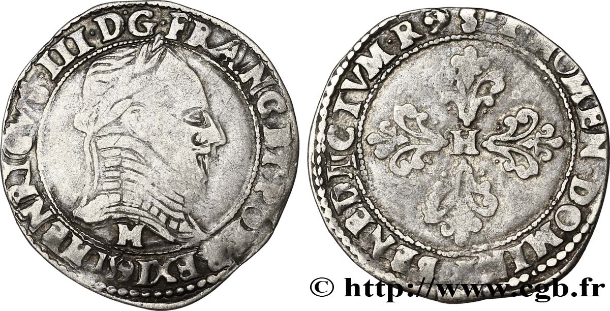 LA LIGUE. MONNAYAGE AU NOM D HENRI III Demi-franc au col plat 1591 Toulouse TTB