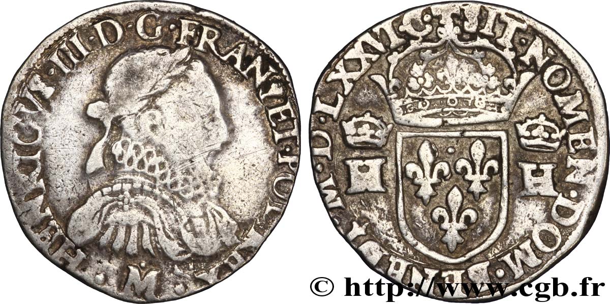 HENRI III Teston 3e type, col fraisé 1576 Toulouse TB+