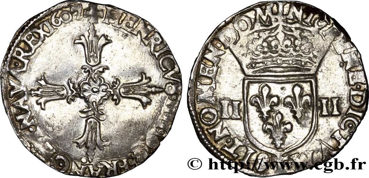 HENRI IV LE GRAND Quart d écu, croix feuillue de face 1607 Nantes TTB