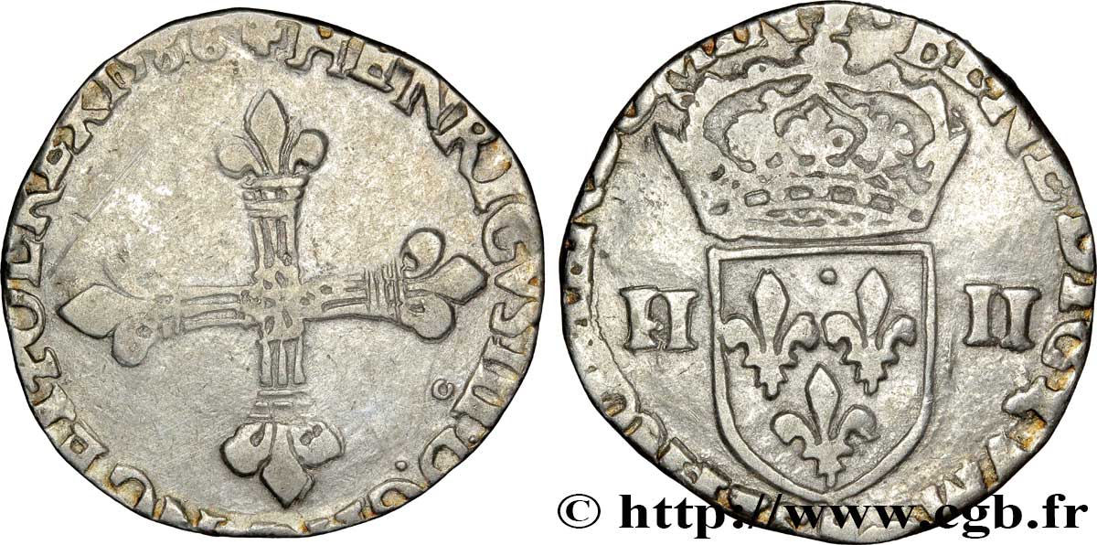 HENRI III Quart d écu, croix de face 1586 Rennes TB